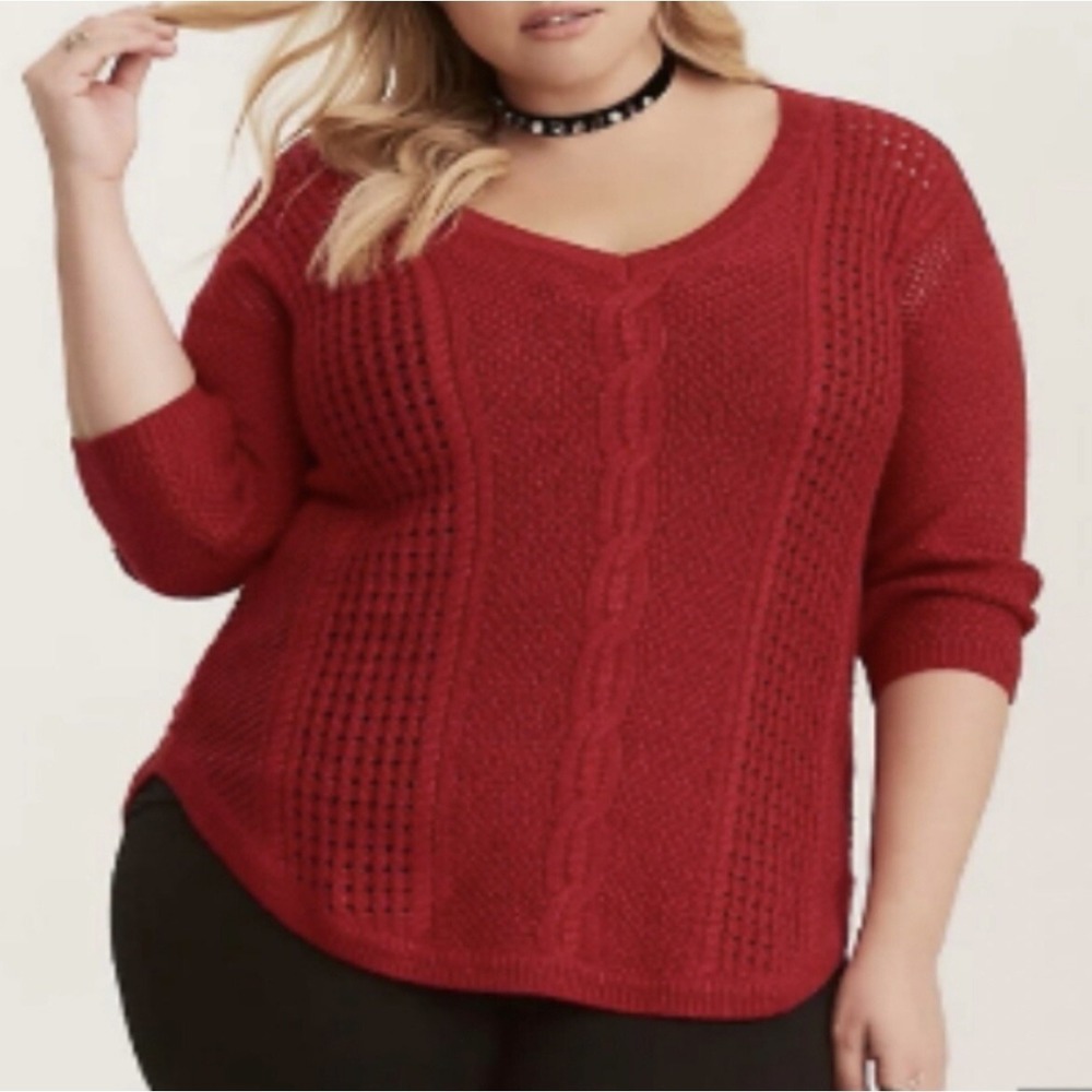 Torrid Red Cable Knit V-Neck 3/4 Sleeve Wool Blend Chunky Sweater Size 2X